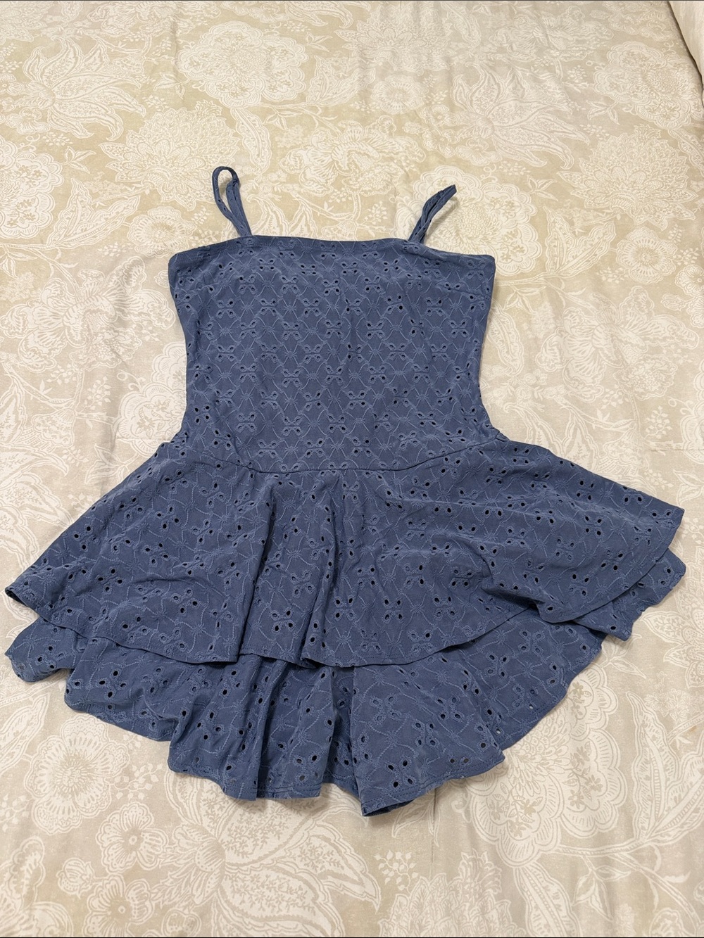 Blue Eyelet Ruffle Strap Romper